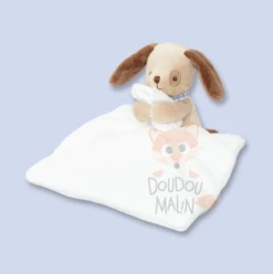 Jacadi - Doudou Chien Avec Mouchoir Blanc Marron Bleu 25 Cm