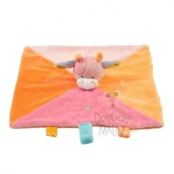Nattou Collection Funny Farmers Doudou Plat Carré Vache Rose Orange Bleu
