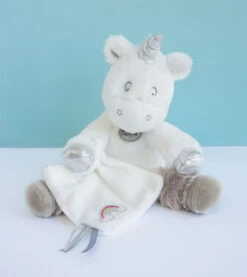 Baby'Nat - Poussière D'étoiles - Peluche Mouchoir Licorne Gris Blanc 35 Cm