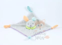 U Tout Petits Doudou Plat Lapin Gris Vert Orange Violet